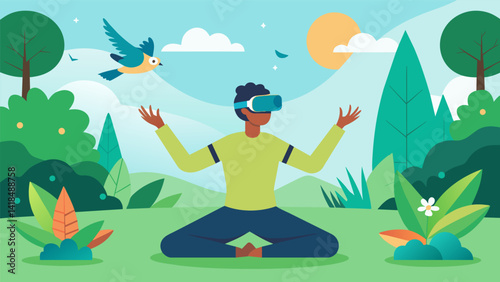 In a virtual nature reserve a user follows a VR instructors lead to stretch out their neck and shoulders surrounded by tranquil bird chirping and. Vector illustration