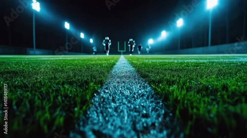 Under the Lights: A low-angle perspective captures the intensity of a football field bathed in the bright glow of stadium lights, with players blurred in motion against the vibrant green turf.