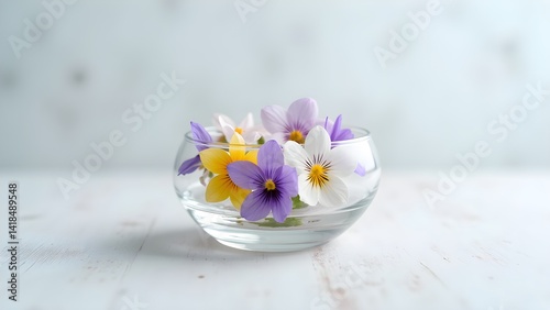 Delicate pansies in a glass bowl on a white wooden surface with a minimalist aesthetic. photo