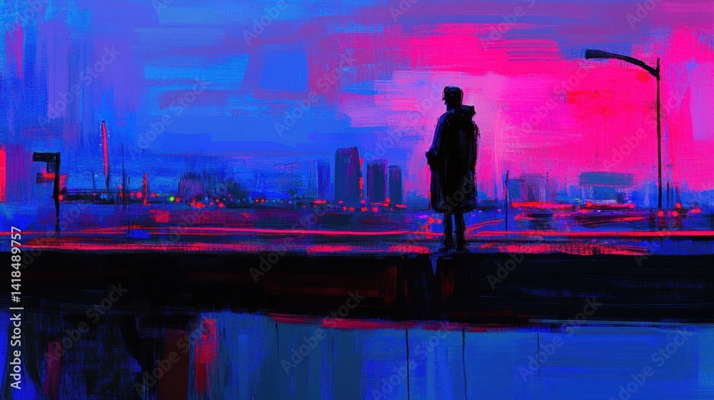Fototapeta premium Neon City Solitude A lone figure contemplates the vibrant stylized skyline