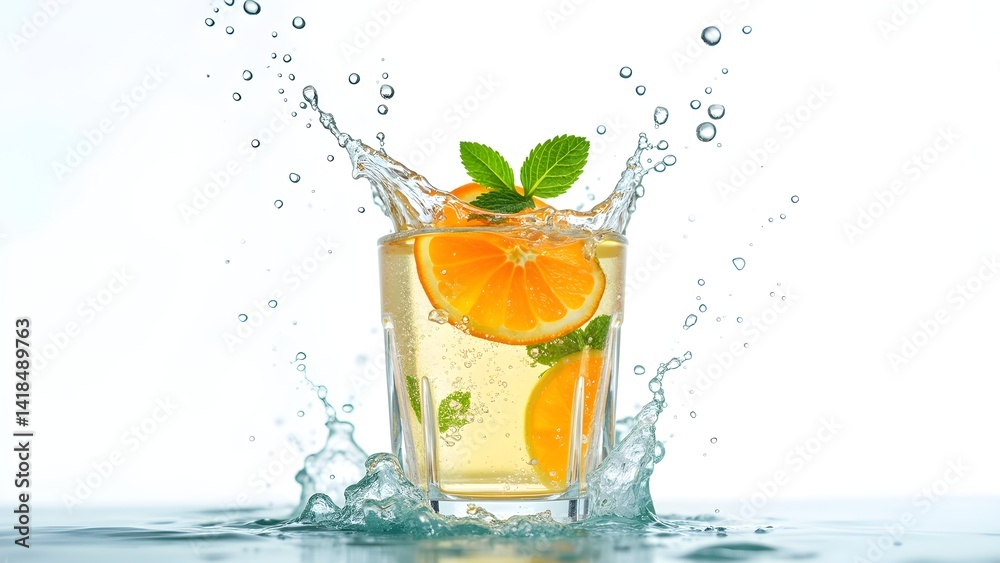 Refreshing Orange Citrus Drink with Splashing Water and Mint Garnish in a Glass Refreshing Orange Citrus Drink with Splashing Water and Mint Garnish in a Glass