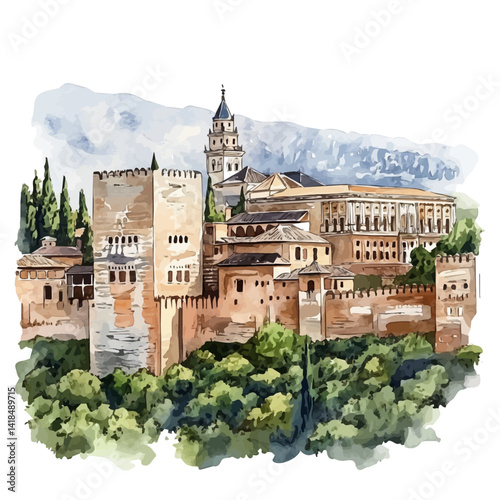Alhambra Palace In Granada, vector watercolor illustration, isolated on a white background.