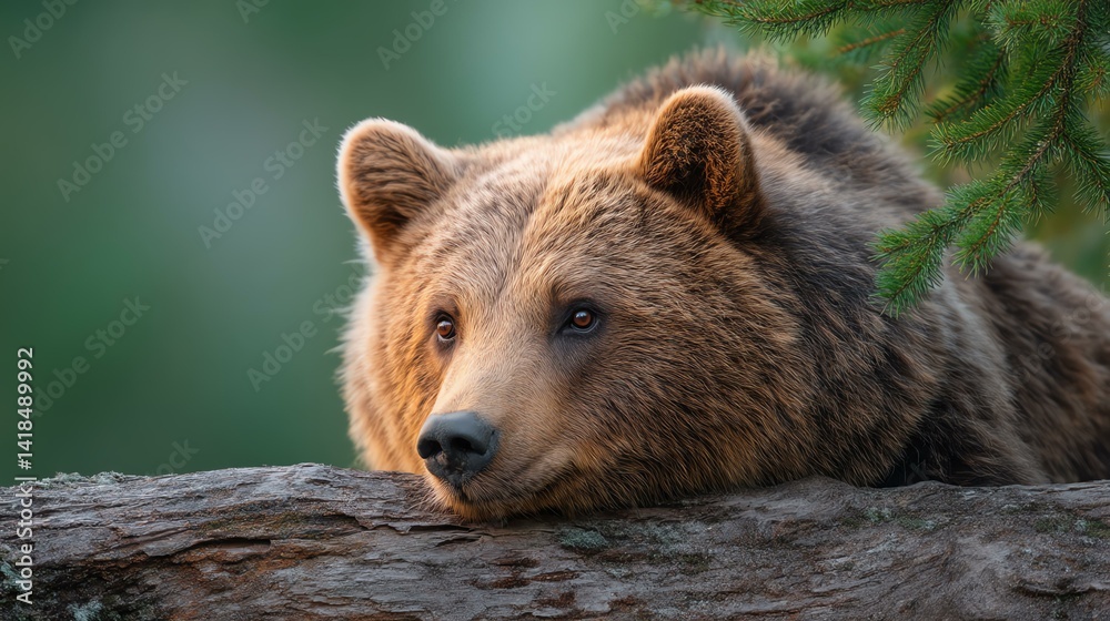 Fototapeta premium A close-up of a majestic bear resting on a log in its natural habitat. The serene expression captures the beauty and power of wildlife in the forest.