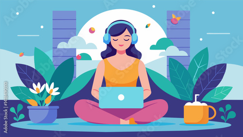 A virtual spa experience complete with soothing music and calming visuals offering a rejuvenating break from the digital realm.. Vector illustration