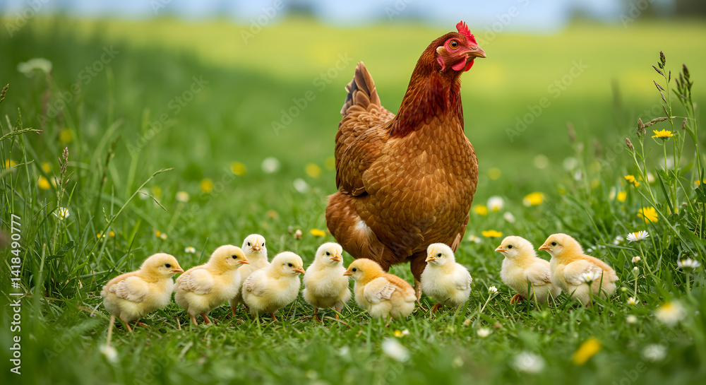 Fototapeta premium Hen With Cute Fluffy Chickens Roaming Freely In The Spring Season