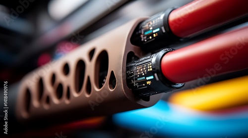 Close-up of colorful industrial cables and connectors showcasing advanced technology in a workshop