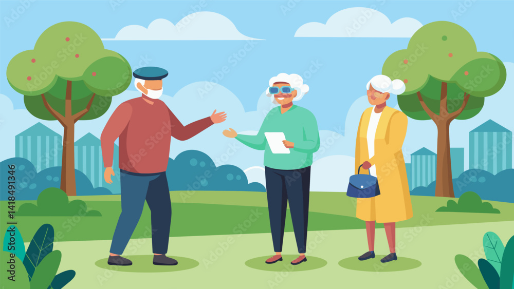In a serene virtual park seniors engage in a lively debate about current events and social issues in a VR walk and talk session.. Vector illustration In a serene virtual park seniors engage in a lively debate about current events and social issues in a VR walk and talk session.. Vector illustration