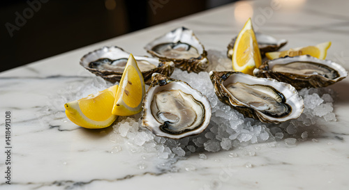 Elegant Still Life Of Fresh Oysters With Lemon On Crushed Ice