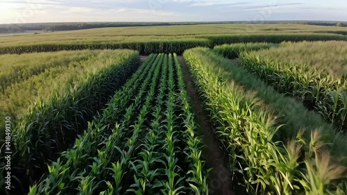 A smooth aerial view of a lush, expansive cornfield captured in natural daylight
