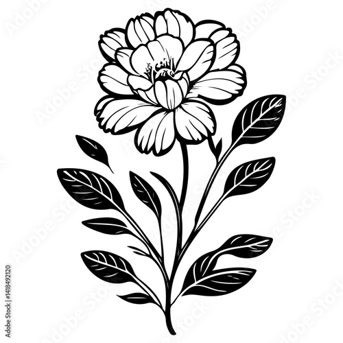 Monochrome Vector Floral Element with Stem and Leaves