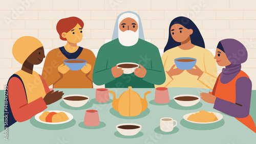 As the class comes to an end members share a meal together using the plates and bowls they had made themselves bringing a sense of community and. Vector illustration