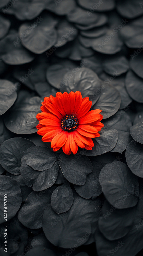 Amid a circle of wilted gerberas, one vibrant orange flower stands tall symbolizing resilience hope and individuality thriving despite adversity in a fading environment