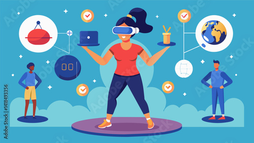 Immerse yourself in a monthlong virtual reality fitness challenge that brings together top contenders from different countries.. Vector illustration