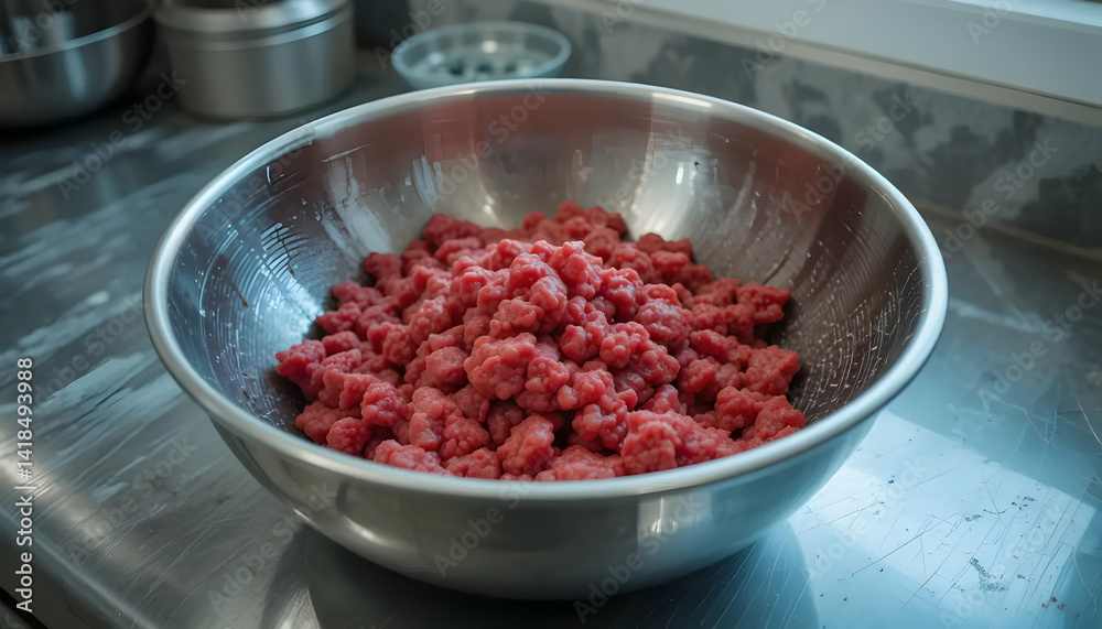 Ground Meat in Metal Bowl on Counter Preparing Food Ground Meat in Metal Bowl on Counter Preparing Food