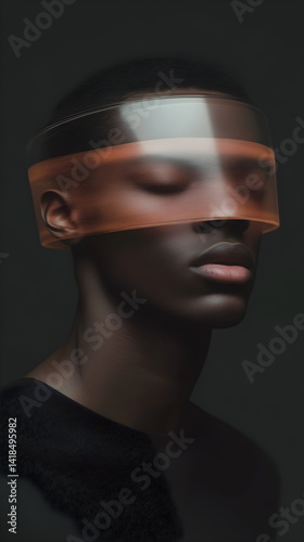 Man wearing futuristic transparent orange visor on dark background, cyberpunk aesthetic, portrait view with deep shadows, technology innovation and anonymity concept.