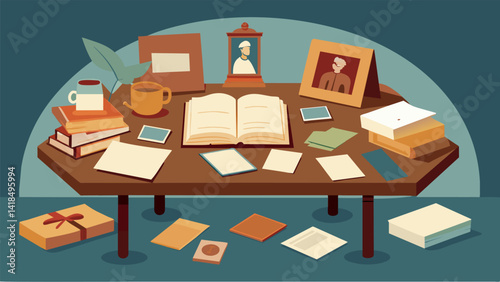 An antique table in the church archives covered in old letters photographs and documents as a member meticulously pieces together their family. Vector illustration