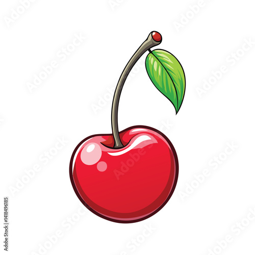 Vibrant cartoon cherry with stem and leaf