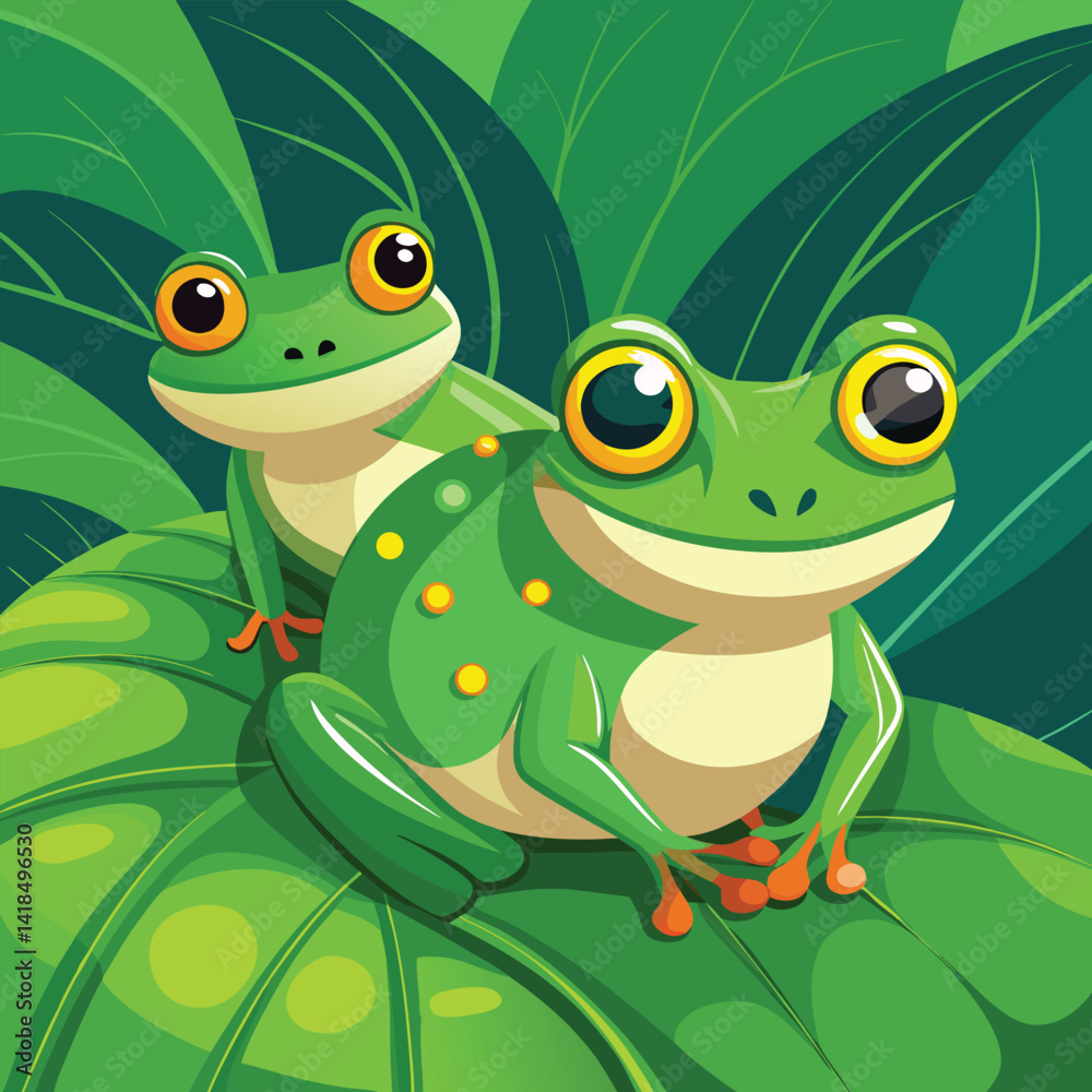 Fototapeta premium Two vibrant green frogs with striking eyes rest peacefully on a large, textured leaf.