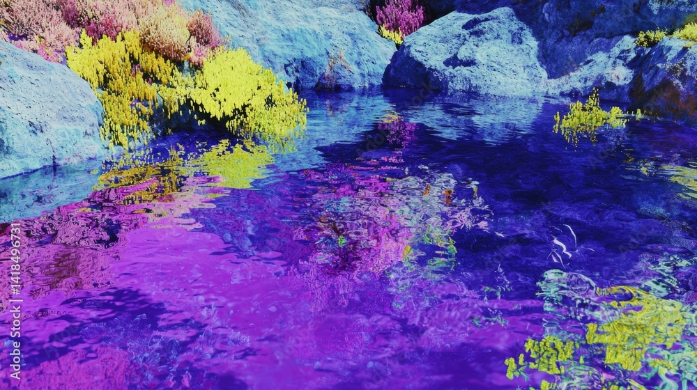 Vibrant Reflections in Colorful Water with Rocks and Lush Vegetation Under the Sunlight in a Dreamlike Landscape Vibrant Reflections in Colorful Water with Rocks and Lush Vegetation Under the Sunlight in a Dreamlike Landscape