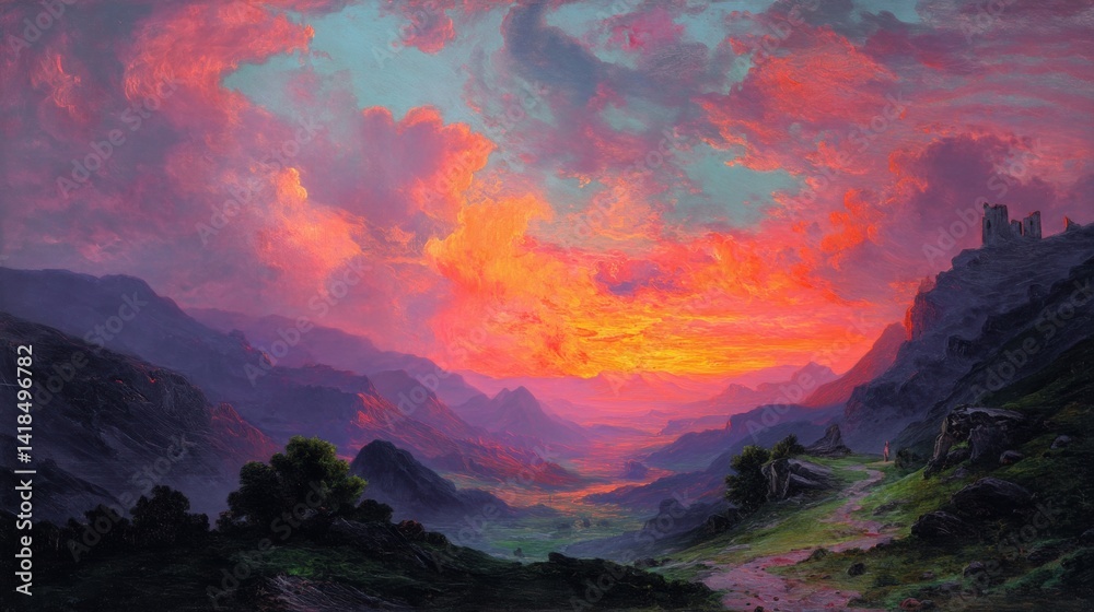 Fototapeta premium A breathtaking landscape scene depicting a vibrant sunset over a mountainous region. The sky is filled with dramatic clouds in shades of pink, purple, and orange, reflecting the last rays of sunlight.