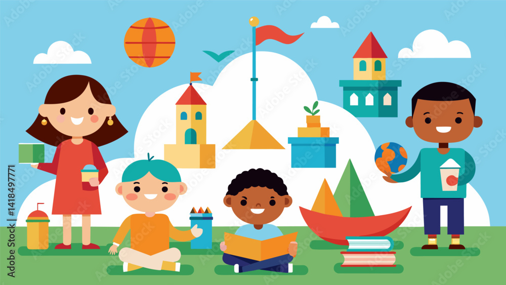 A childrens corner with activities and games from various cultures promoting crosscultural understanding from a young age.. Vector illustration A childrens corner with activities and games from various cultures promoting crosscultural understanding from a young age.. Vector illustration