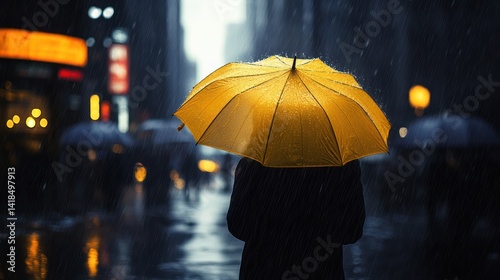 Wallpaper Mural Solitary figure with a sun-toned umbrella weathering a cityscape downpour Torontodigital.ca