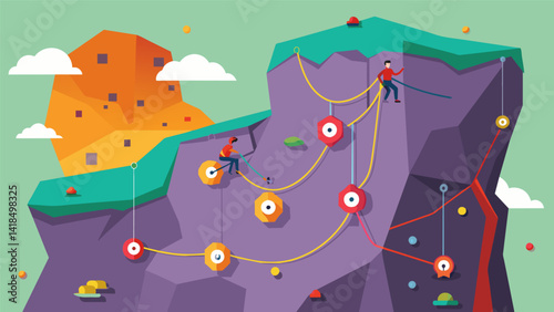 A rock wall equipped with safety harnesses and LED panels displaying different routes and challenges attracts a steady stream of climbers eager to try. Vector illustration
