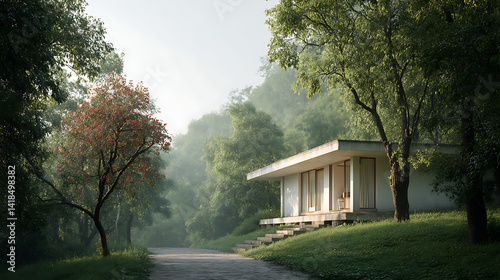 Misty morning in park with modern house