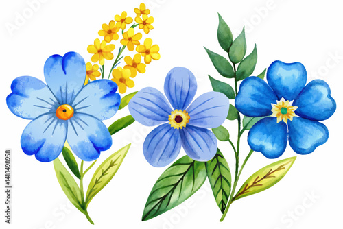 Flowers and grasses in cool colors. Watercolor taste.