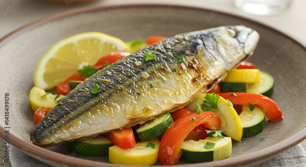 Grilled Mackerel With Lemon And Roasted Vegetables On Rustic Plate Grilled Mackerel With Lemon And Roasted Vegetables On Rustic Plate