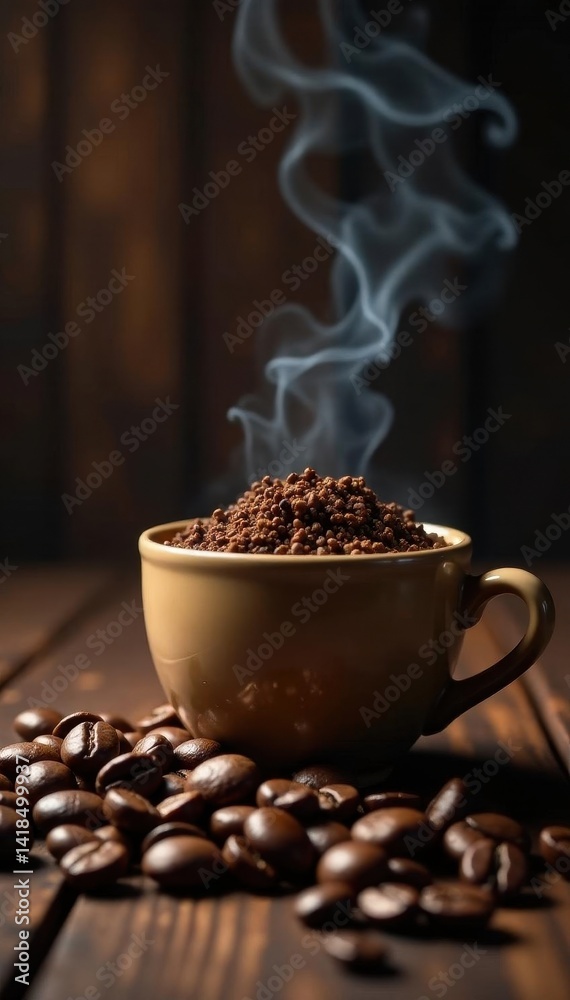 Fototapeta premium Scattered coffee beans with steam effect, warm lighting, dark wood background , coffee beans, brown background, food