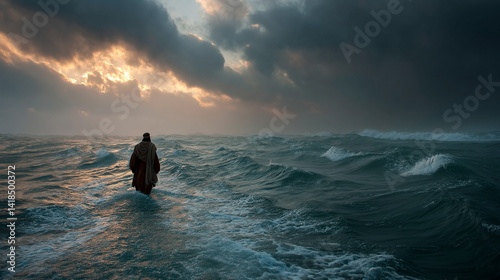 Back view of Jesus walking on a stormy sea symbolizes faith hope and divine guidance through chaos with rays of sunlight breaking through clouds in a warm tone evoking peace and spiritual strength

 photo
