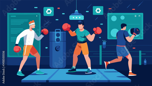 Boxers train in a hyperrealistic virtual gym their movements and techniques analyzed and improved by tingedge AI technology.. Vector illustration