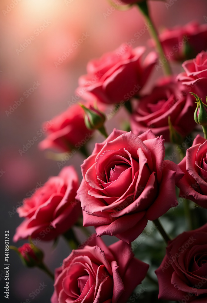 Delicate red roses showcase their lush petals in a garden as gentle light filters through, enhancing the romantic ambiance and evoking feelings of love and tranquility Generative AI Delicate red roses showcase their lush petals in a garden as gentle light filters through, enhancing the romantic ambiance and evoking feelings of love and tranquility Generative AI