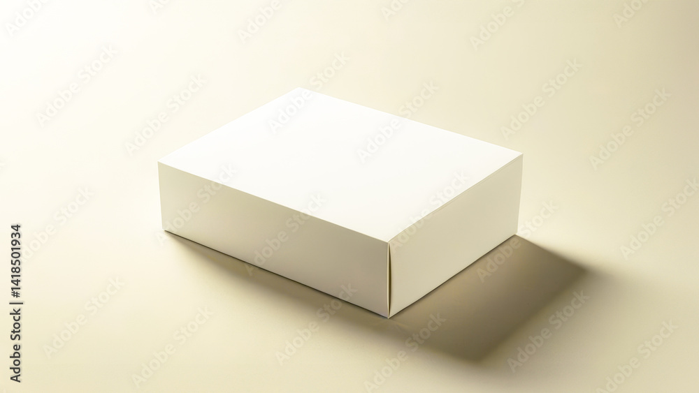 A small white rectangular box sits on a light beige surface casting a shadow. Modern photography mockup packaging box for product social media display. A small white rectangular box sits on a light beige surface casting a shadow. Modern photography mockup packaging box for product social media display.