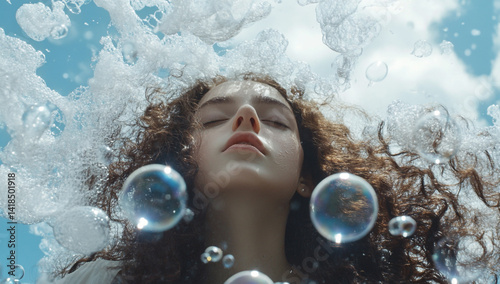 A screencap from a Balenciaga ad, a girl with curly hair made of bubbles in the sky.