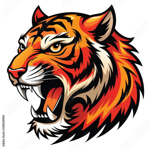 A majestic tiger with vibrant orange and black stripes roars fiercely, displaying its sharp teeth against a bright white background.