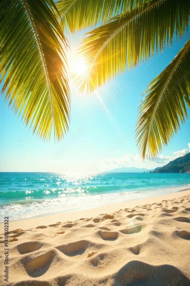 Obraz premium Warm sunlight filters through palm fronds on sandy beach, palm trees, beach, ocean