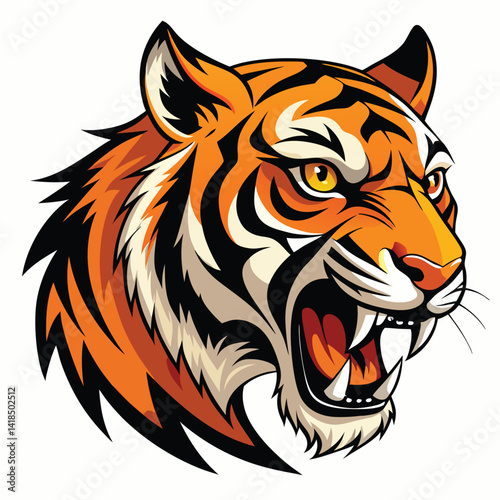 A majestic tiger with vibrant orange and black stripes roars fiercely, displaying its sharp teeth against a bright white background.