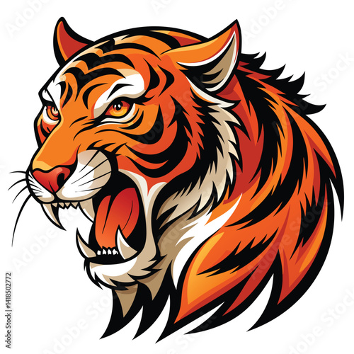 A majestic tiger with vibrant orange and black stripes roars fiercely, displaying its sharp teeth against a bright white background.