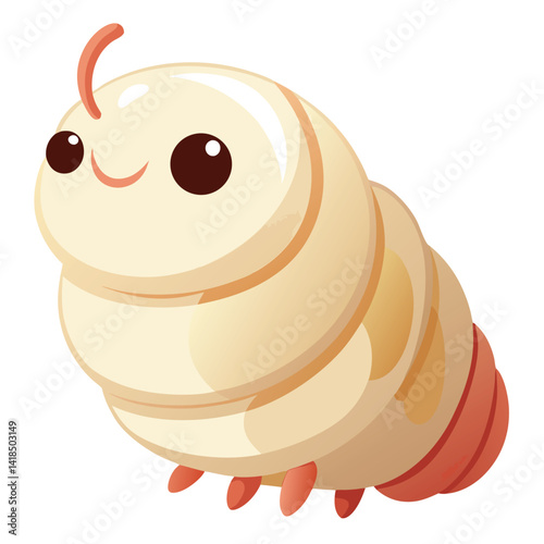 A plump cream colored grub with a reddish brown head and tiny legs curls slightly against a plain white surface.