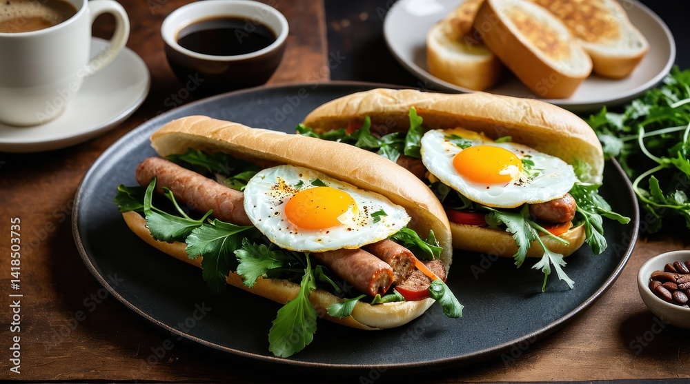 Delicious breakfast sandwiches topped with fried eggs accompany steaming cups of latte art coffee on a wooden table Delicious breakfast sandwiches topped with fried eggs accompany steaming cups of latte art coffee on a wooden table