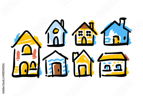 Illustration of houses. Dwelling. Detached house. Architecture. Construction. Residential area.