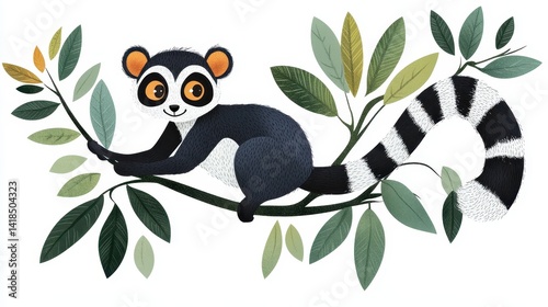 A cartoon of a lemur is sitting on a branch