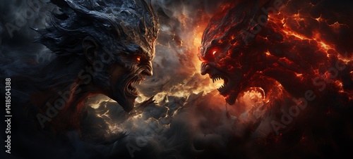 abstrak mozaic color of devil vs ifrit in drakness, ai generative