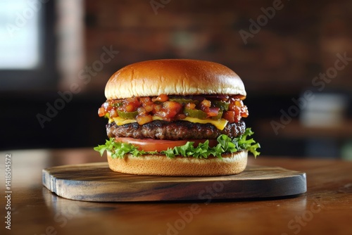 Hamburger on wood plate with all fresh Ingredients.