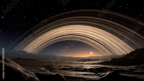 A breathtaking extraterrestrial landscape showing a rocky terrain under a sprawling cosmic sky, featuring an enormous arc of celestial rings that capture the interplay of light and shadow, highlighted