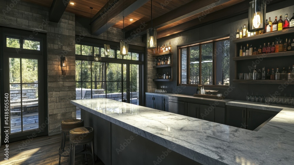 Fototapeta premium Rustic modern bar area with exterior access.