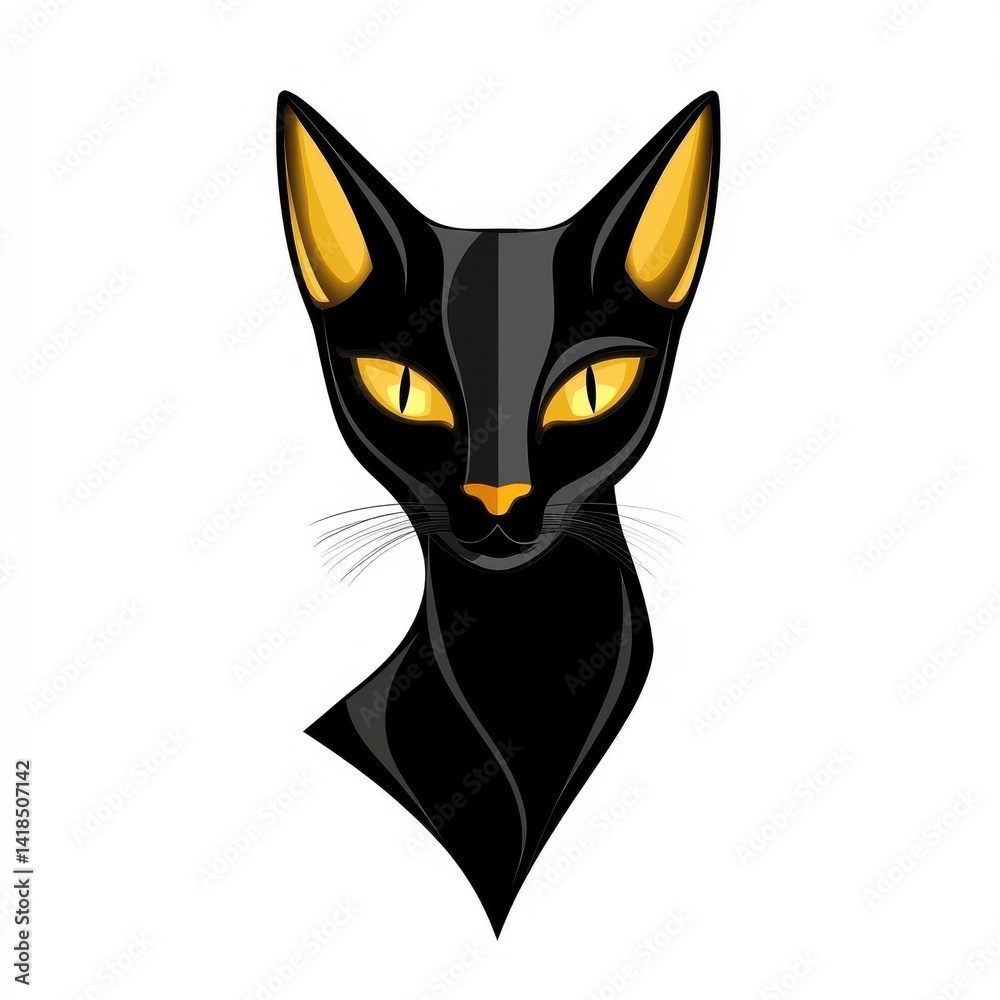 Fototapeta premium Close-up illustration of a stylized black cat with yellow eyes and gold ears