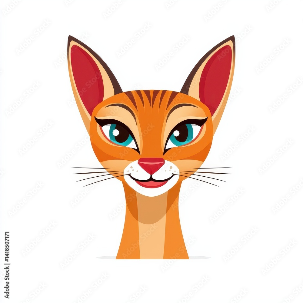 Obraz premium Cartoon illustration of a cheerful cat with orange fur, blue eyes, and red ears